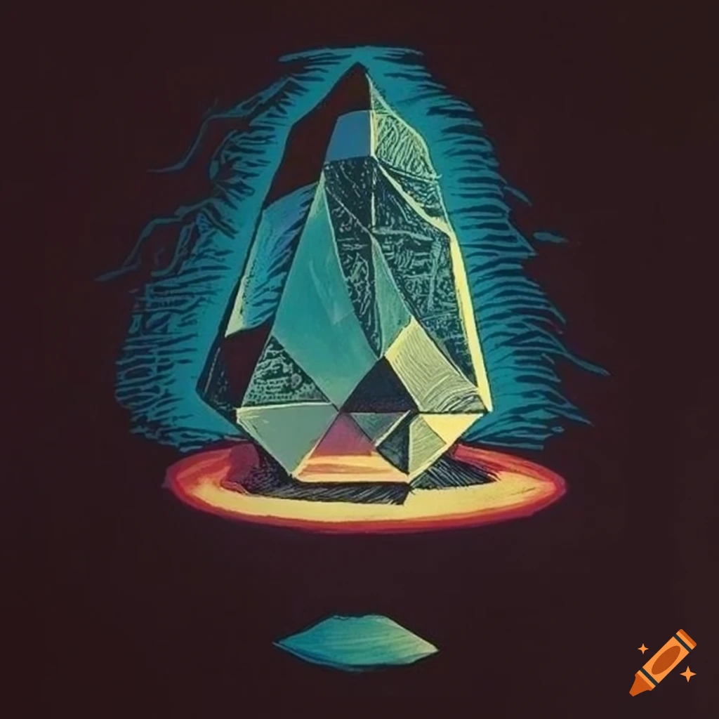 linocut print of a crystal prism emitting light
