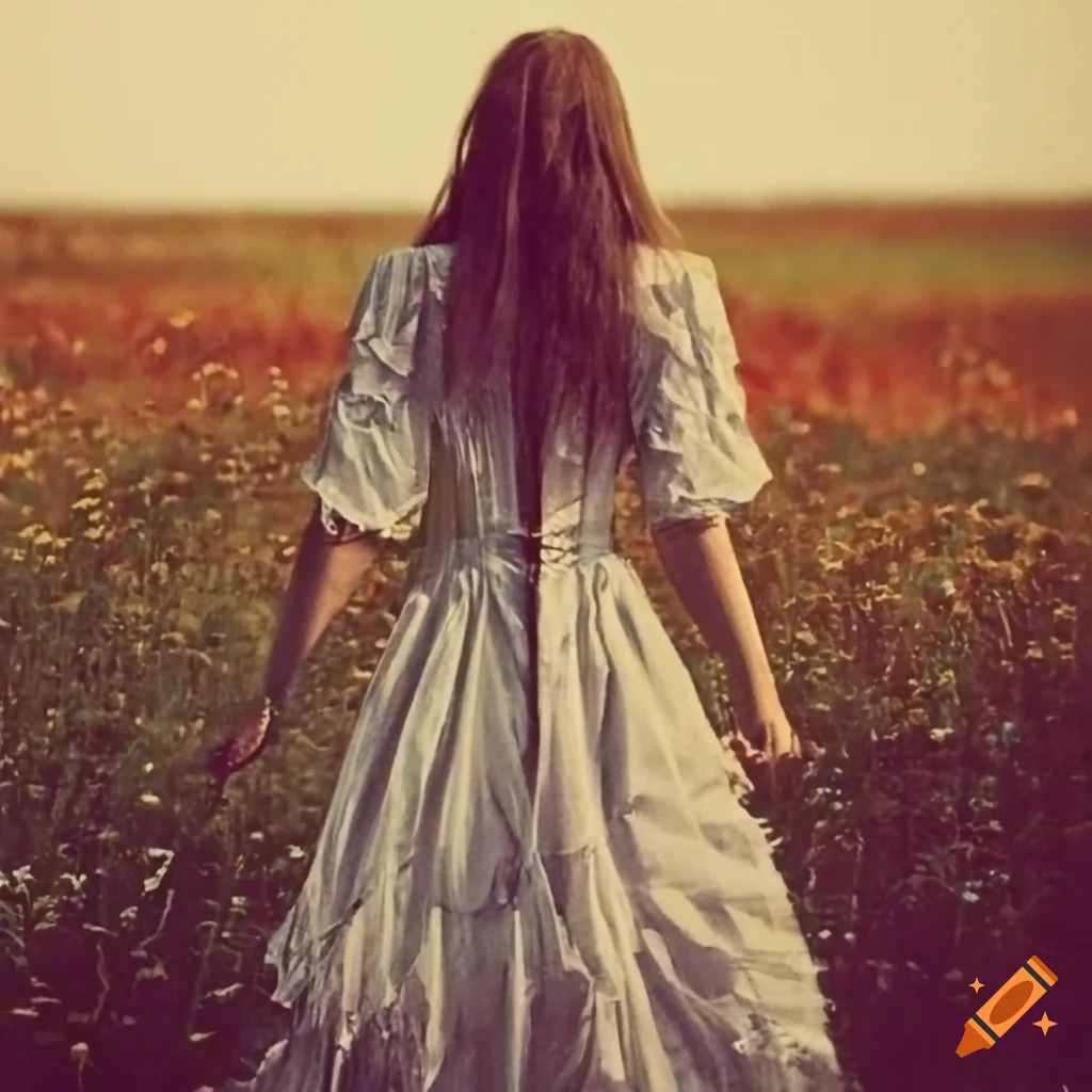 woman running in a flower field in a prairie dress