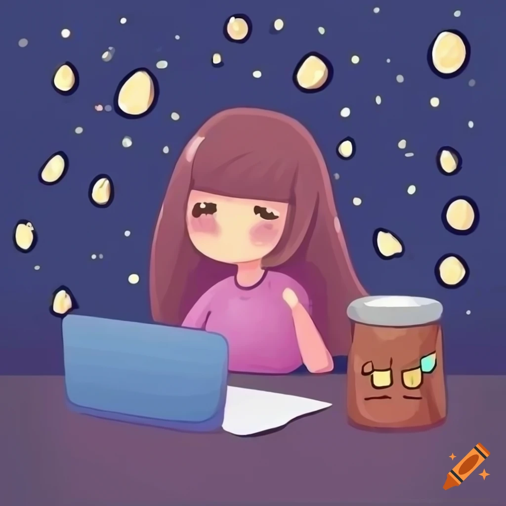 kawaii illustration of someone drawing at night