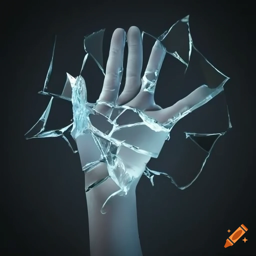 Artistic depiction of a shattered glass hand on Craiyon