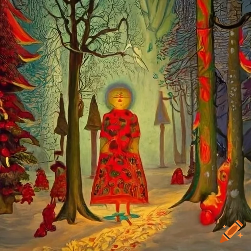 intricate oil painting of a Christmas forest scene