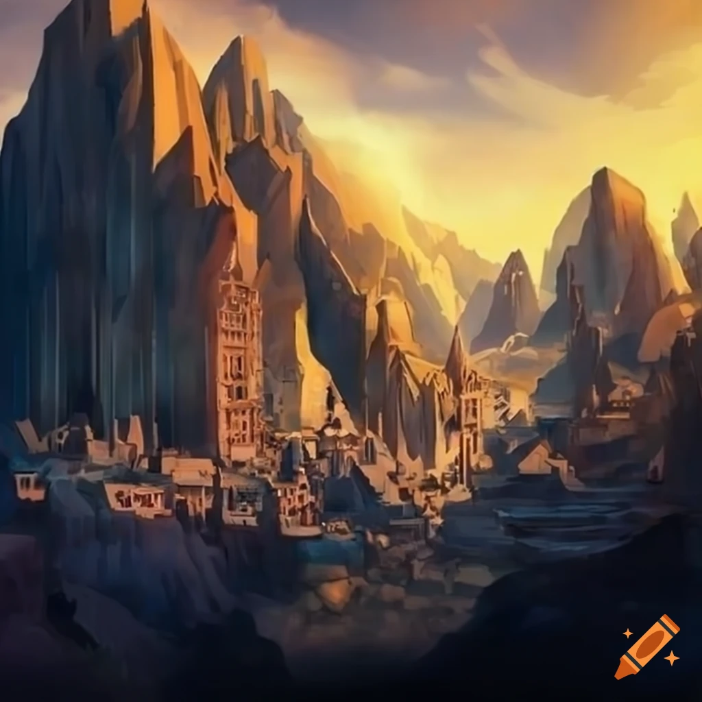 Dwarvish industrial city nestled in a mountain valley on Craiyon