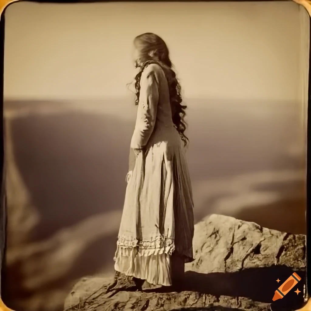 antique photograph of a Prairie woman overlooking a western town
