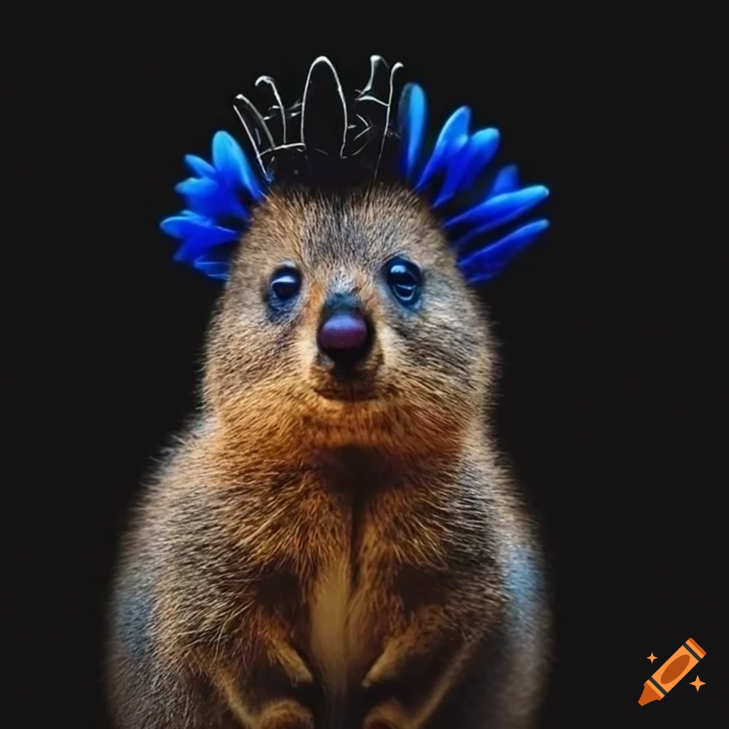 quokka wearing a blue and black crown