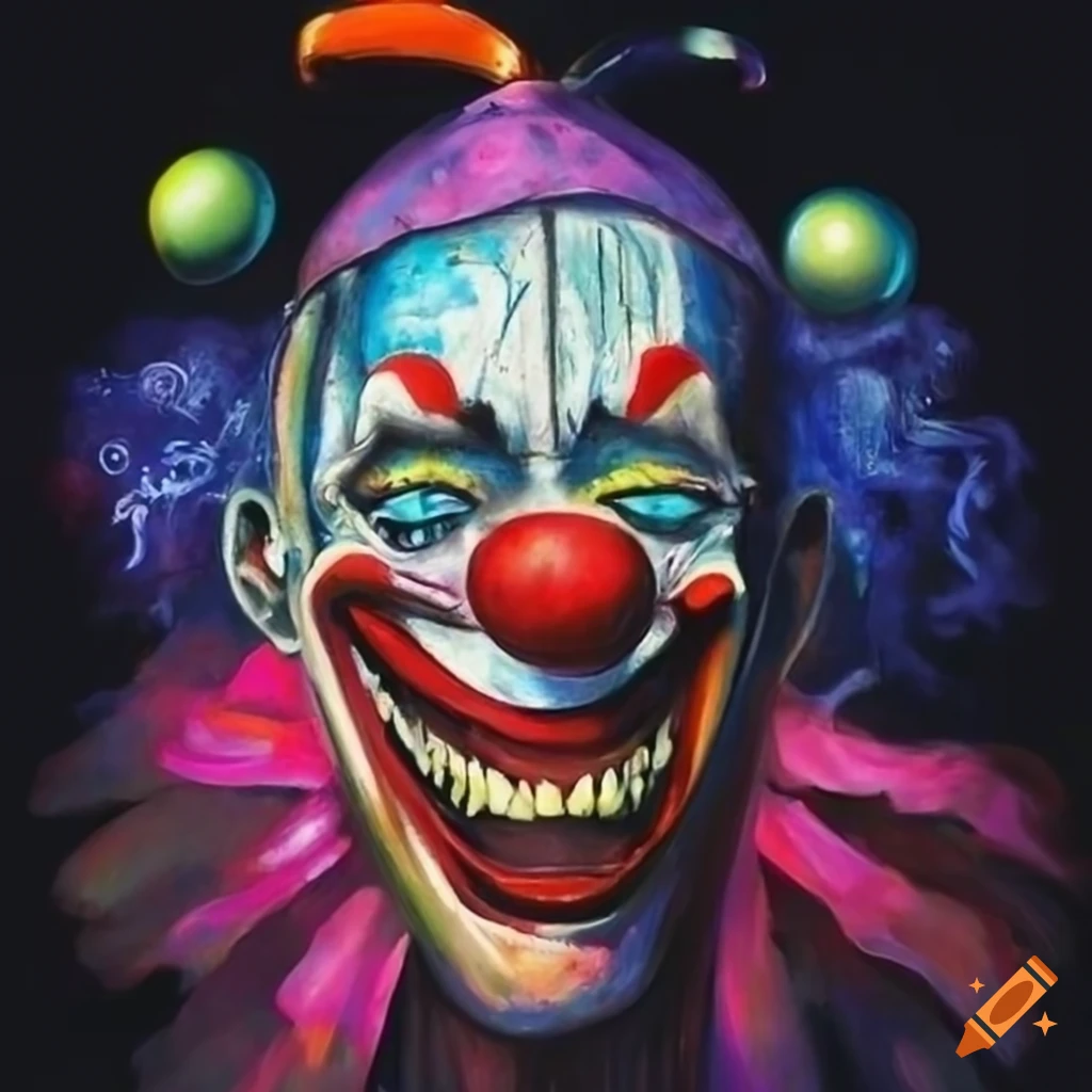 expressionist painting of a surreal circus clown with various objects