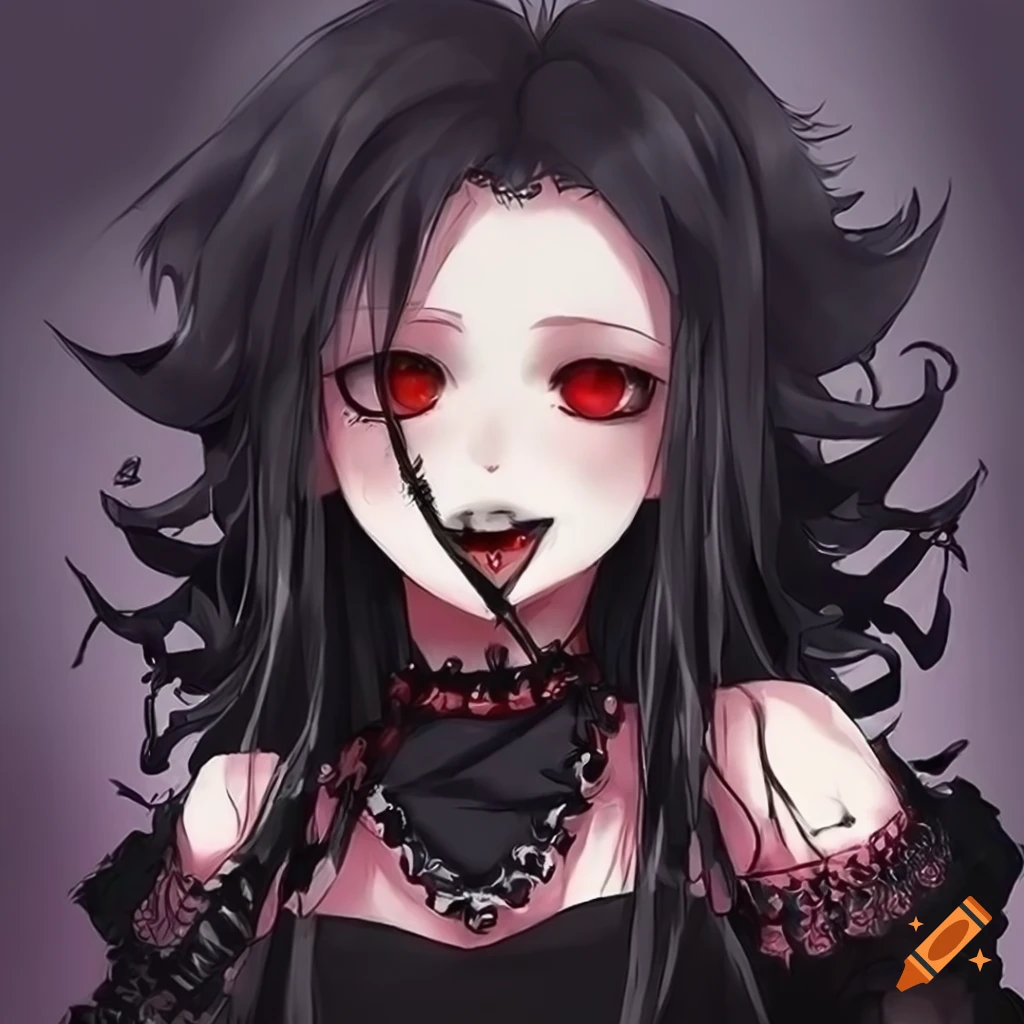 Anime goth vampire boy with black ruffled hair