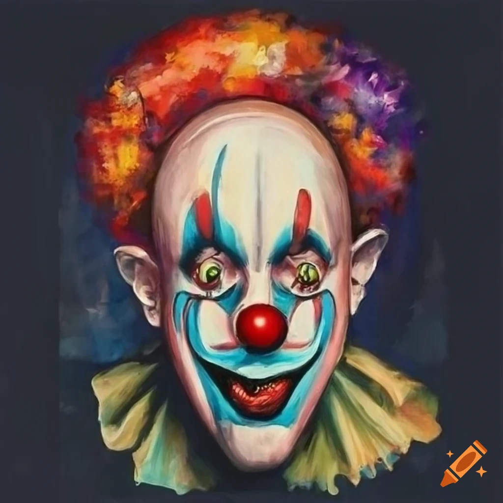 surrealistic painting of a creepy circus clown with various objects