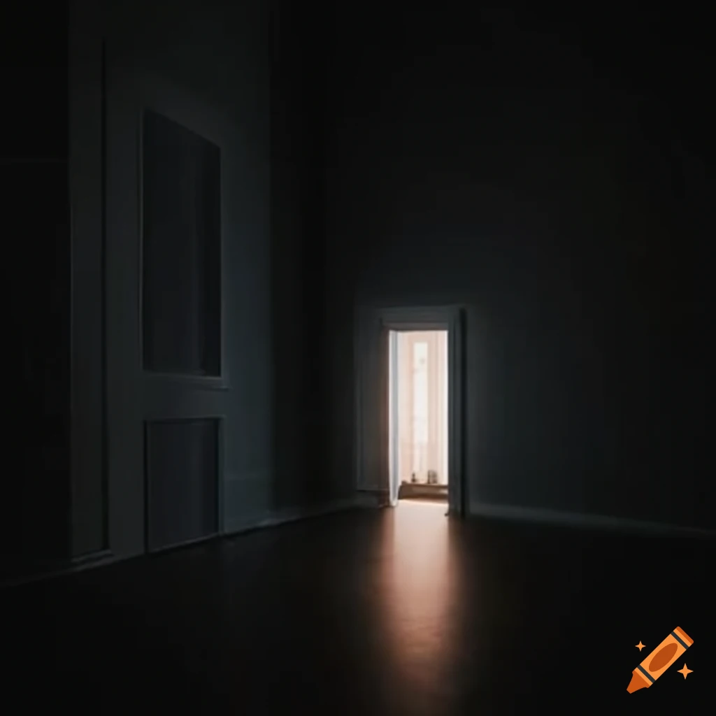 minimalistic bedroom with a door leading to darkness