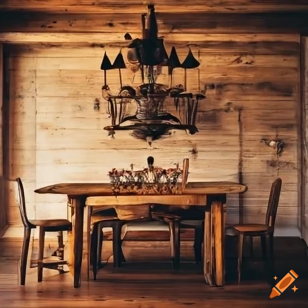 rustic dining room with a large wooden table ready for a family dinner