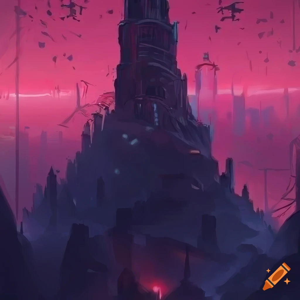 fantasy city with a towering minaret on a mountain
