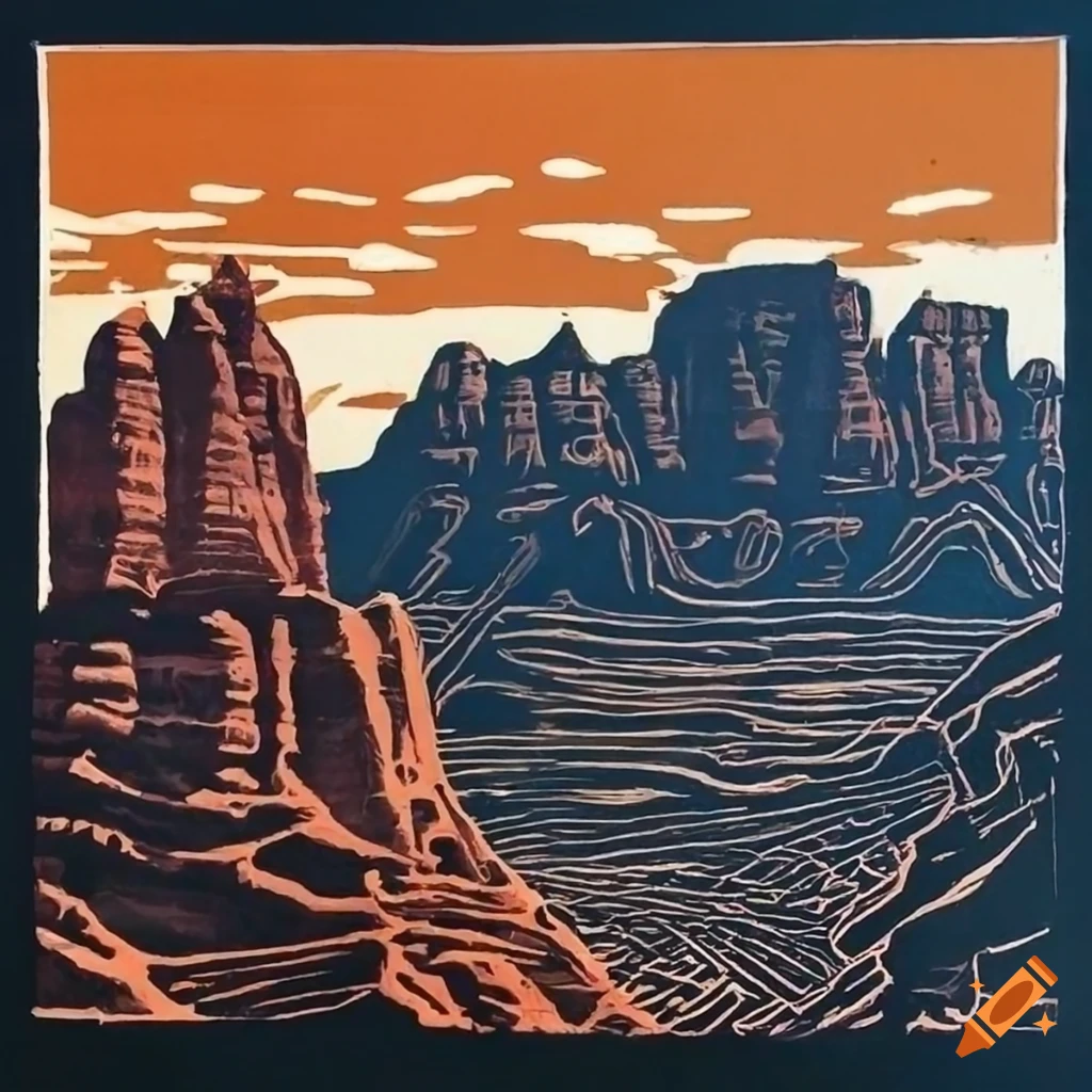 Linocut print of a scene in sedona, arizona
