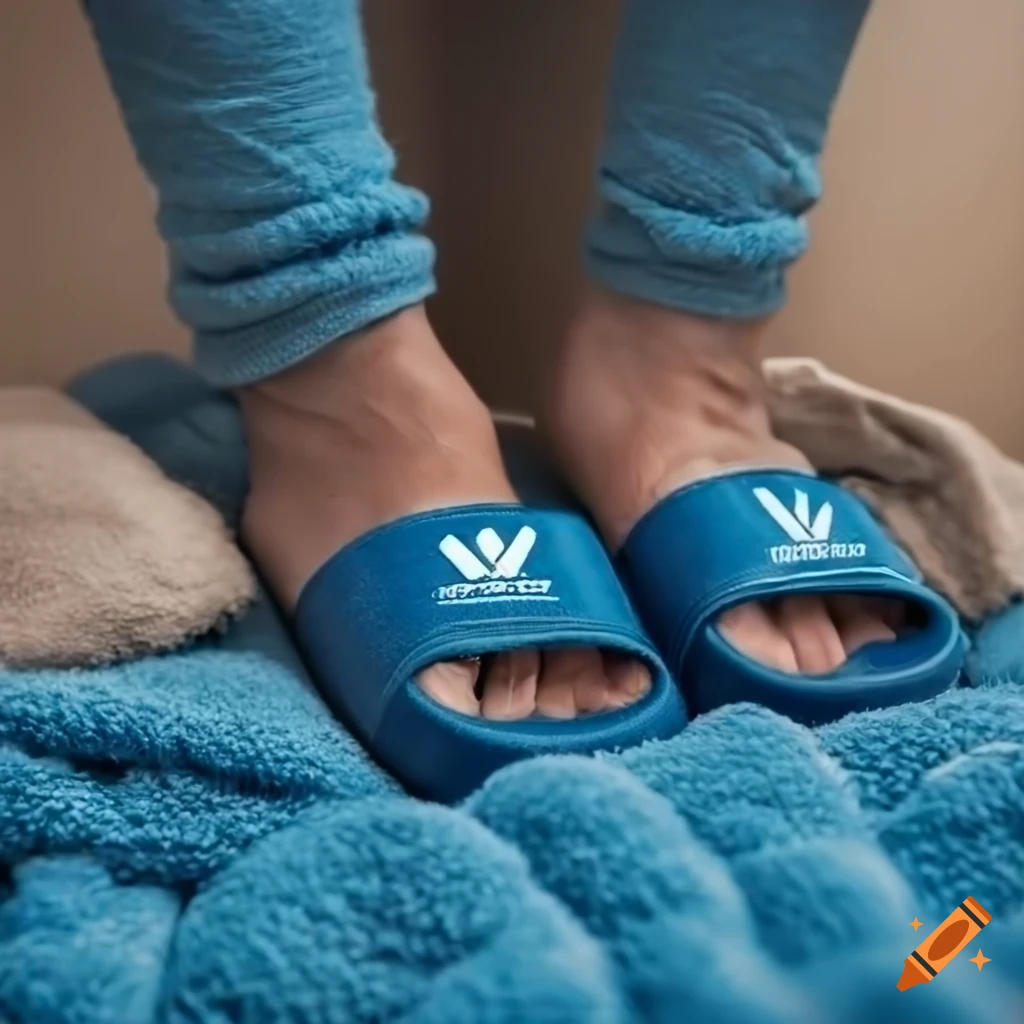 Closeup of realistic blue adidas slides on feet