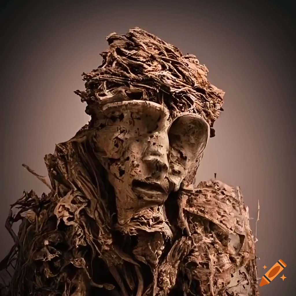 dramatic sculpture made of junk and branches in a destroyed landscape