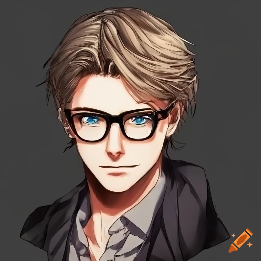 manga-style illustration of an older western male with glasses