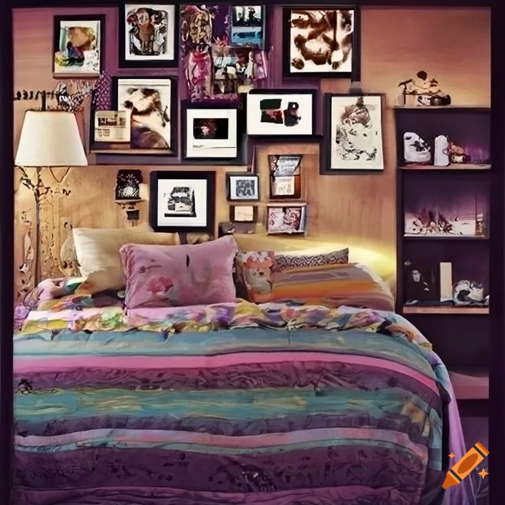 View of a kid's bedroom with band posters on the wall on Craiyon