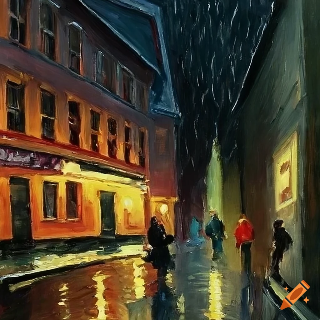 Painting of a rainy night outside a pub