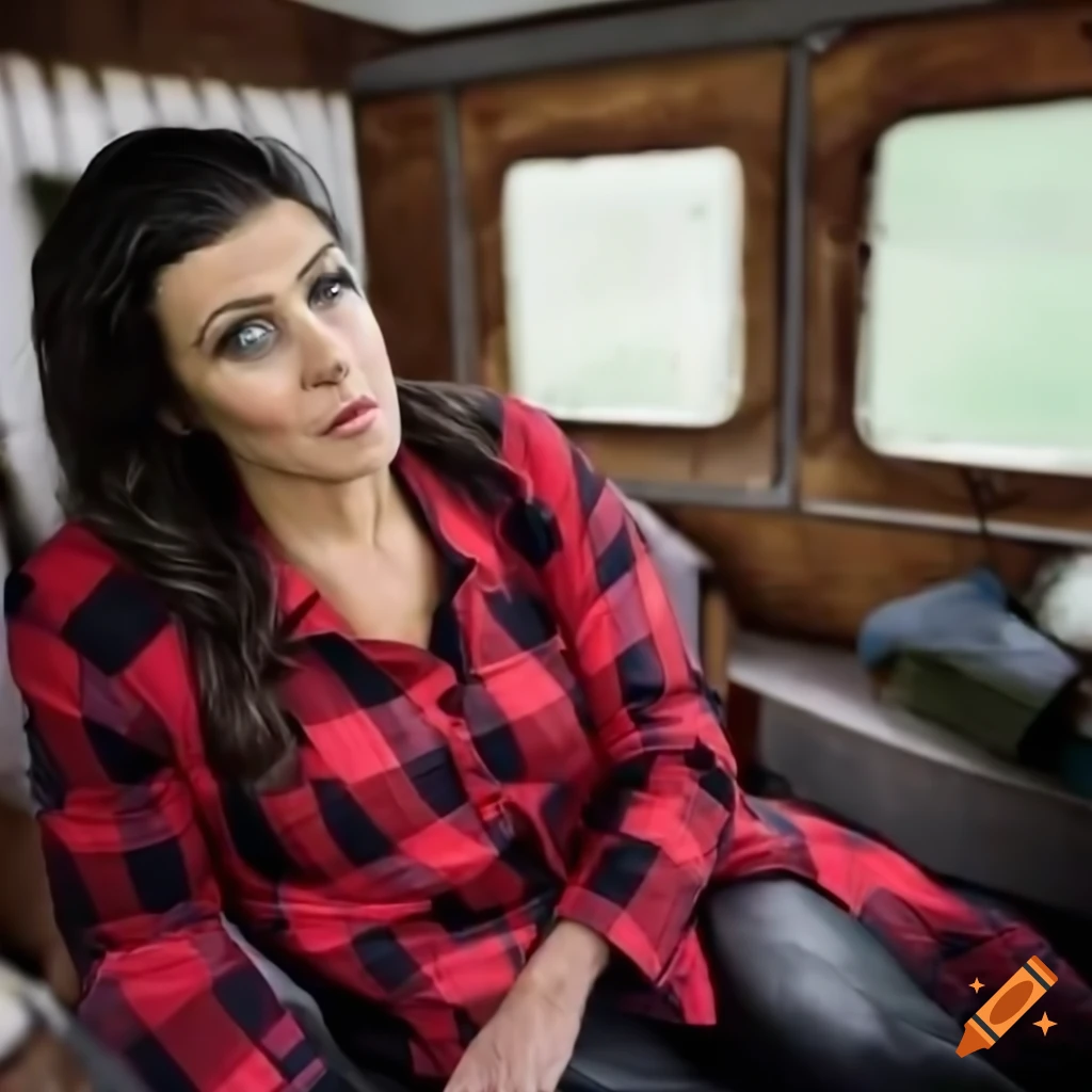 photorealistic portrait of a relaxed woman in a caravan
