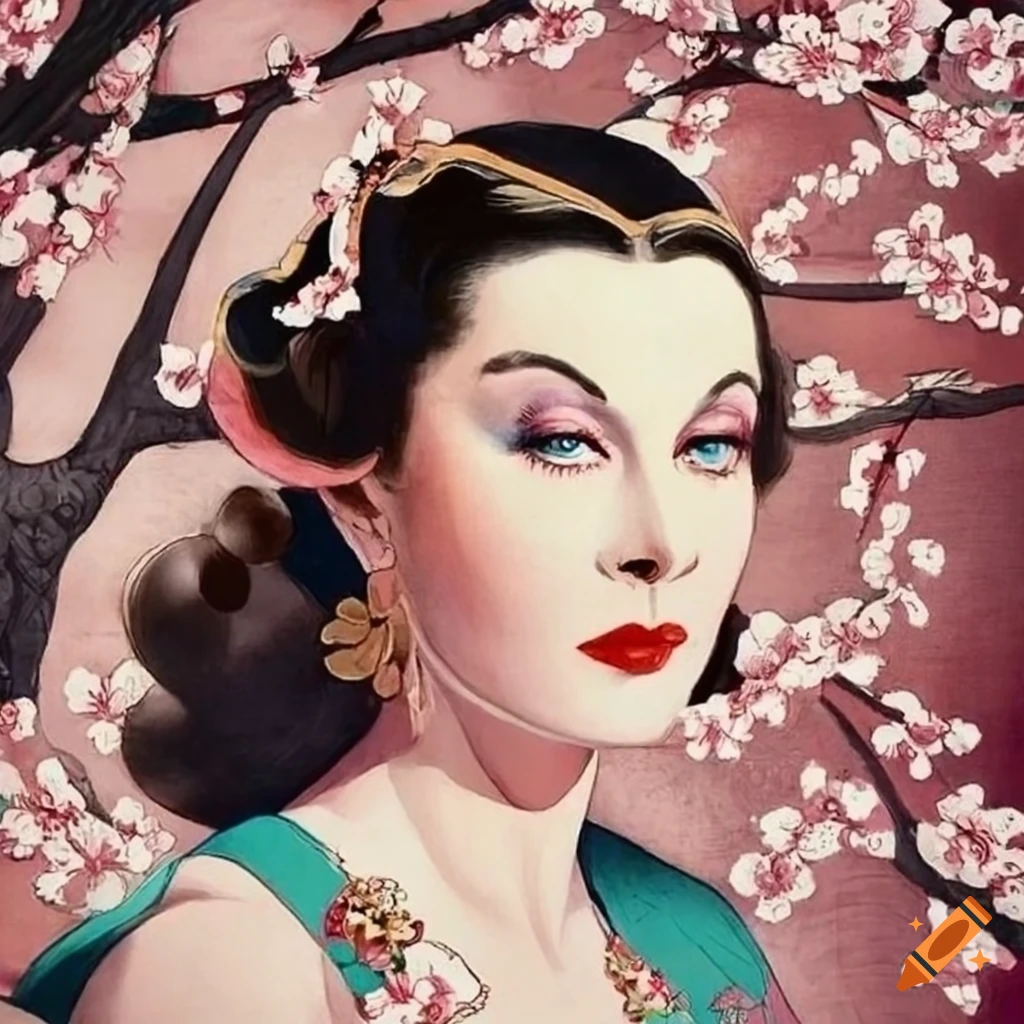 Ukiyo e style depiction of vivien leigh surrounded by almond trees on