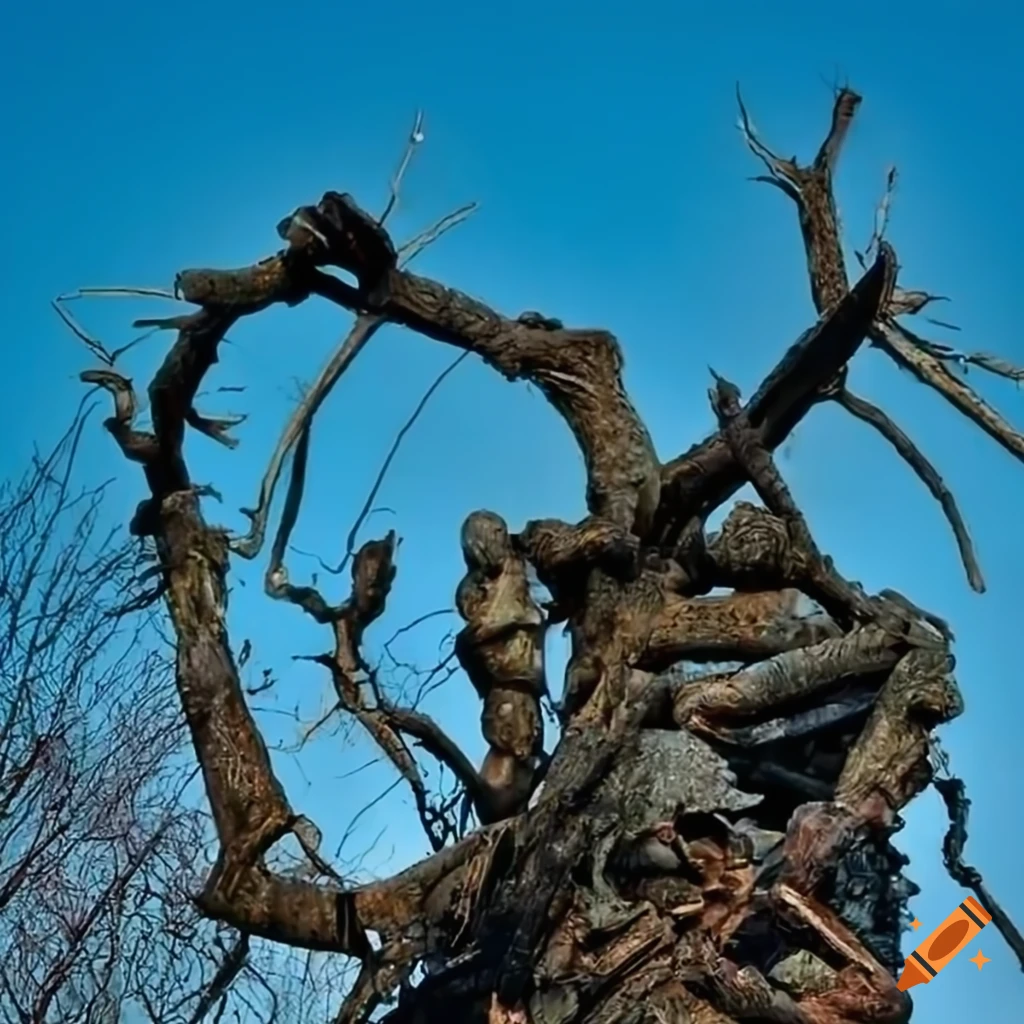 close-up of a sculpture made of branches and junk in a destroyed landscape
