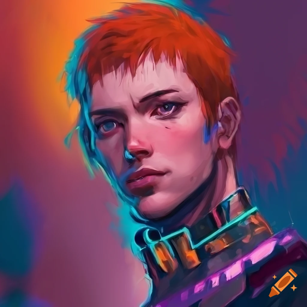 digital painting of a ginger haired male knight in a cyberpunk setting