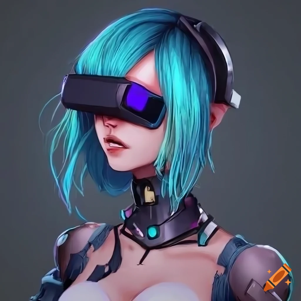 detailed cyberpunk anime girl with blue hair and vr visor