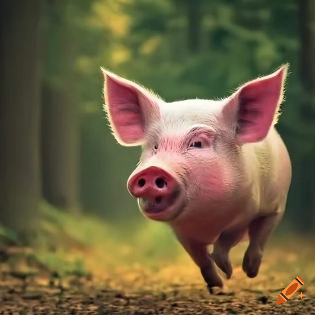 happy pig running in the forest