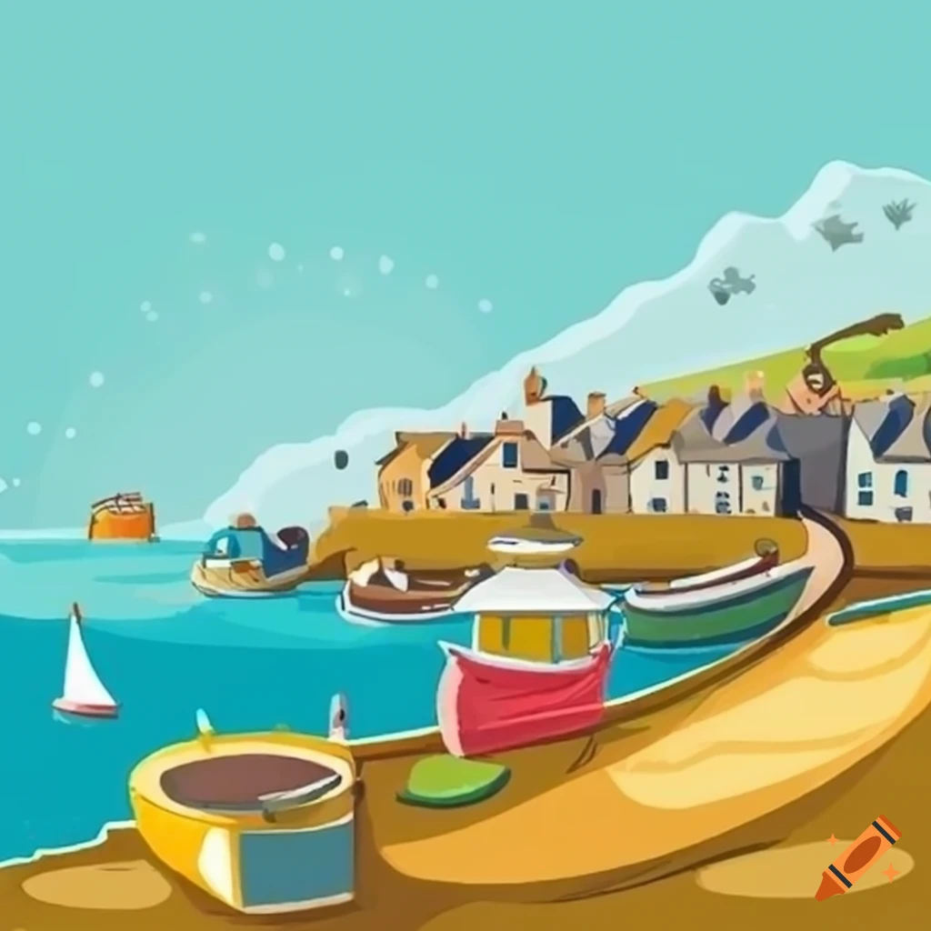 Cartoon illustration of a cornish fishing village on Craiyon