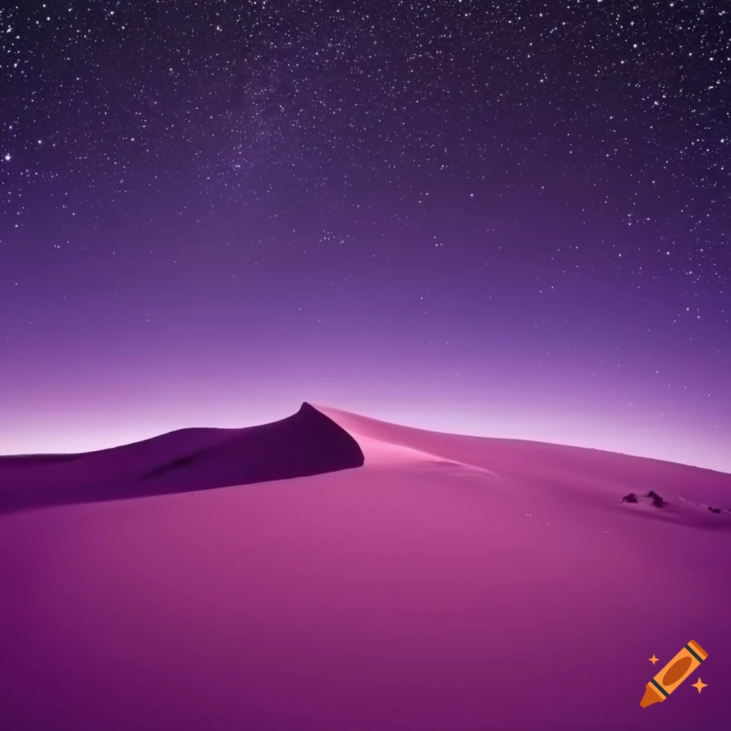 A desert sand dune at night under the deep purple starry sky