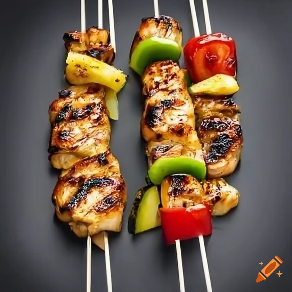 grilled chicken skewers with pineapple, peppers, and onions