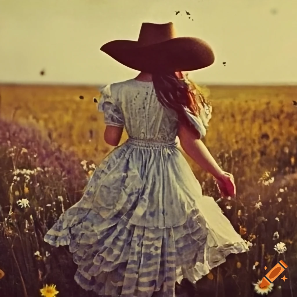 woman in a cowboy hat running in a flower field