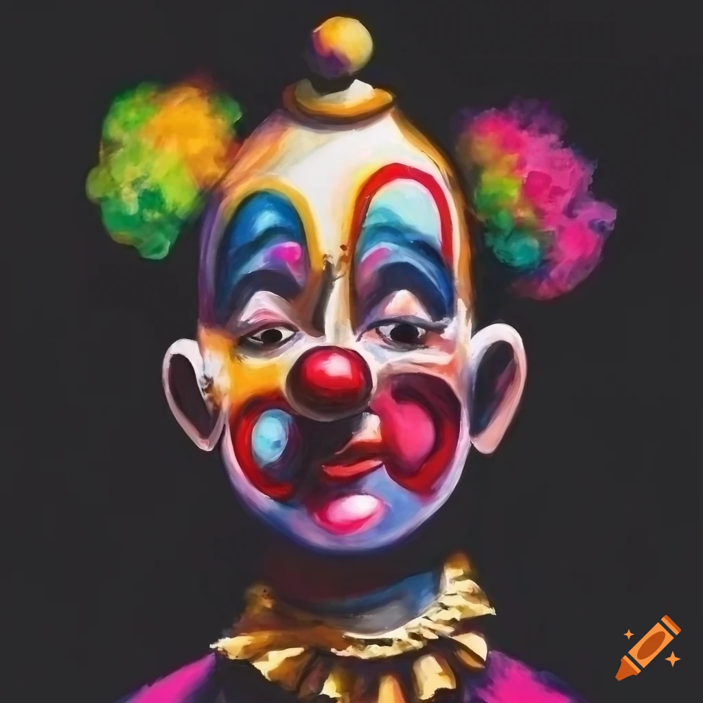 surrealistic painting of circus clowns on stage