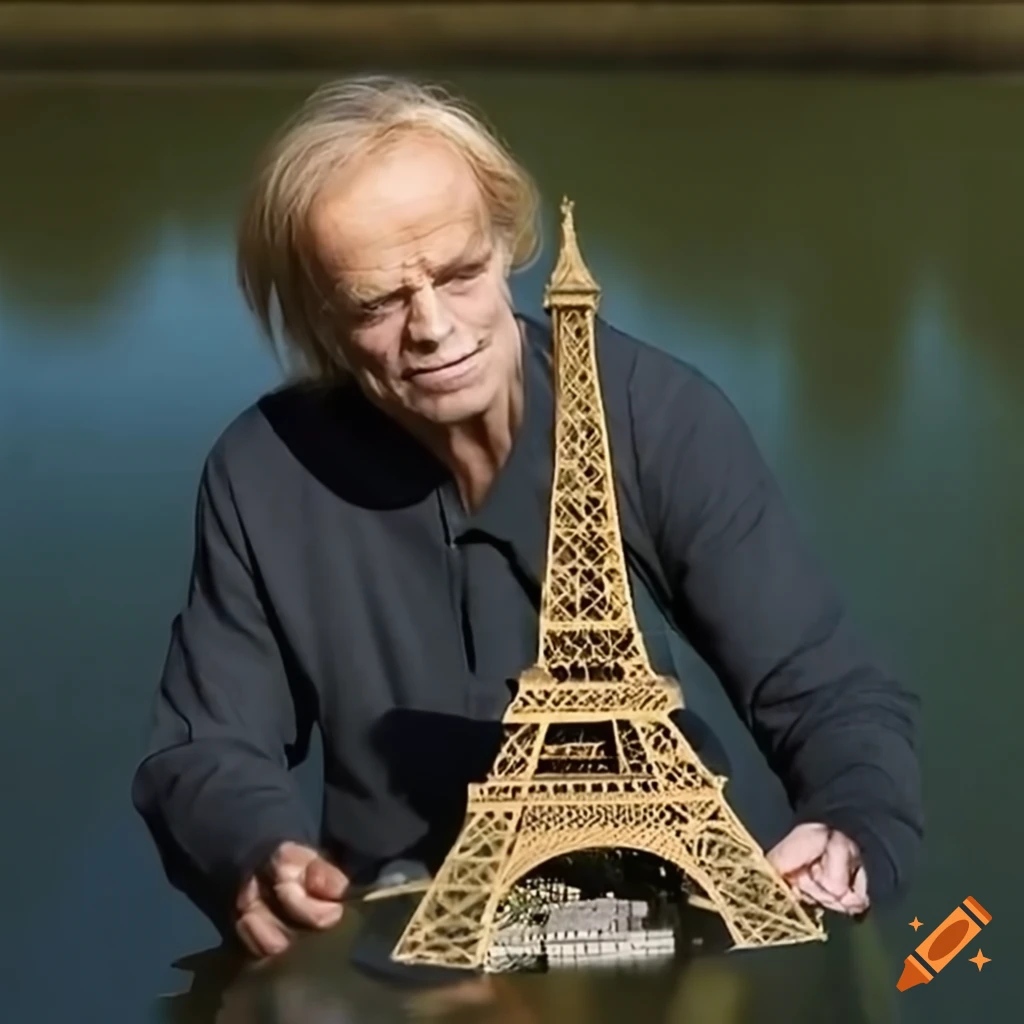 Klaus kinski in a river holding an eiffel tower model