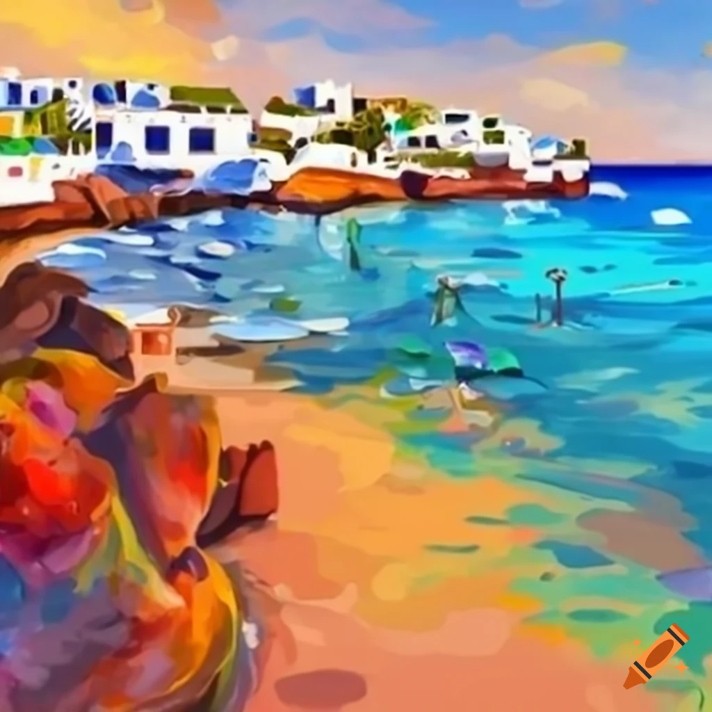 Colorful illustration of a fishing village in lanzarote