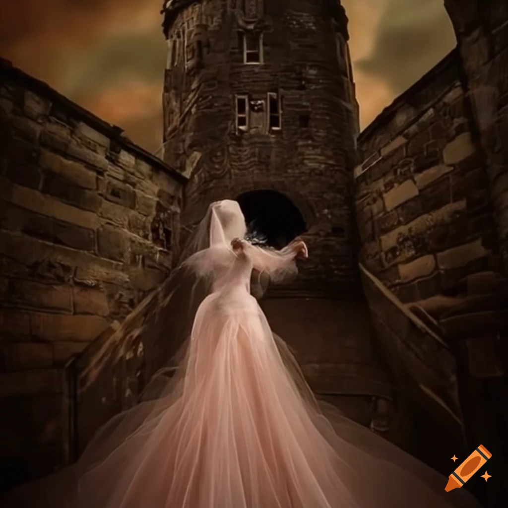 fashionable person running towards a Scottish castle