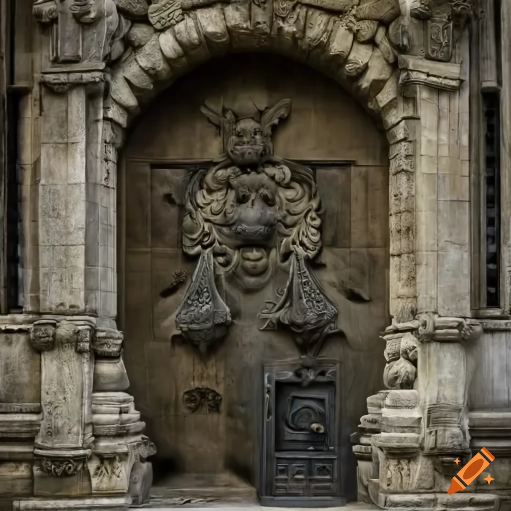 Stone door with angel and demon statues