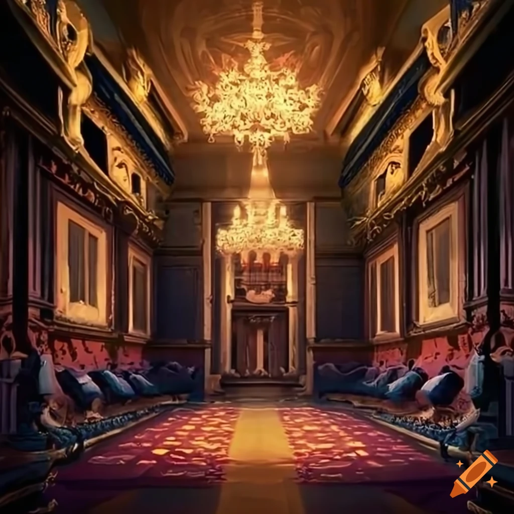 intriguing palace scene with mysterious characters
