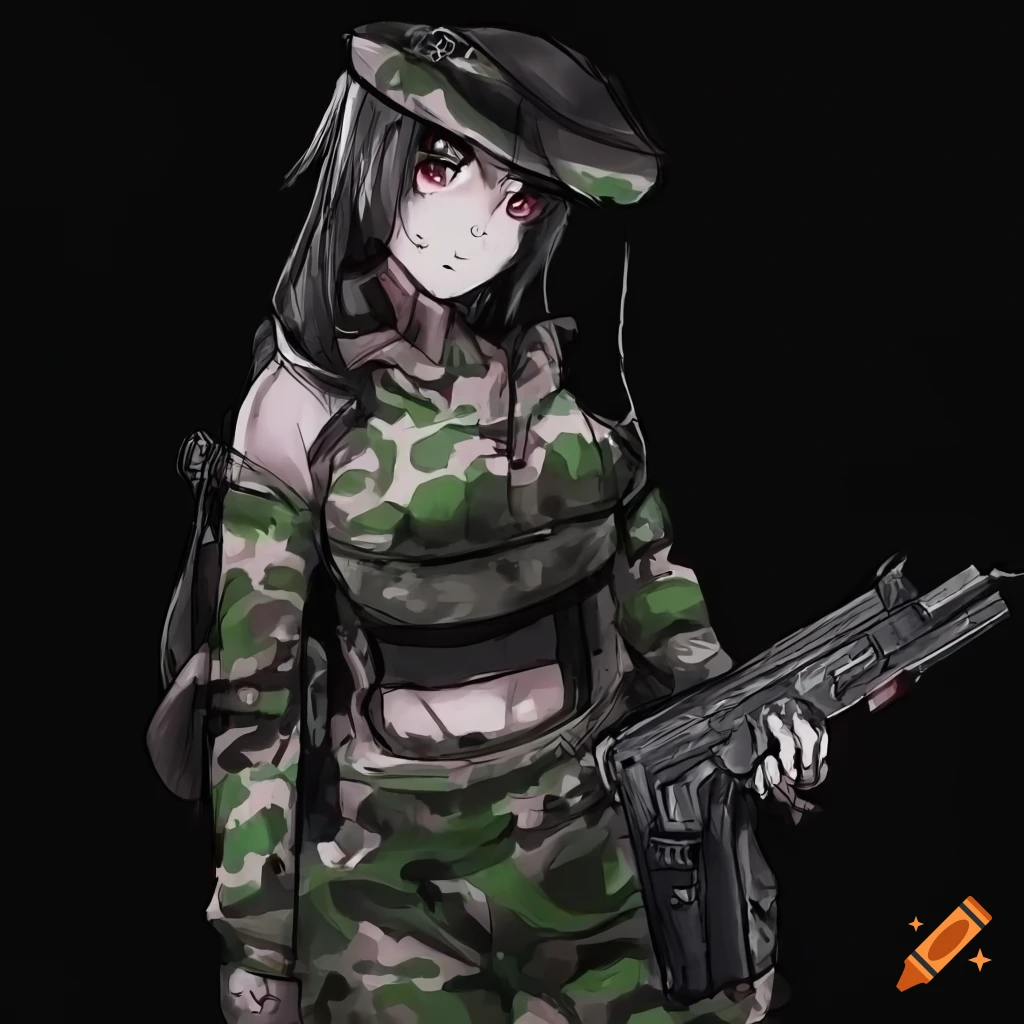 sketch of a dark-skinned anime girl with camo fatigues and a pistol