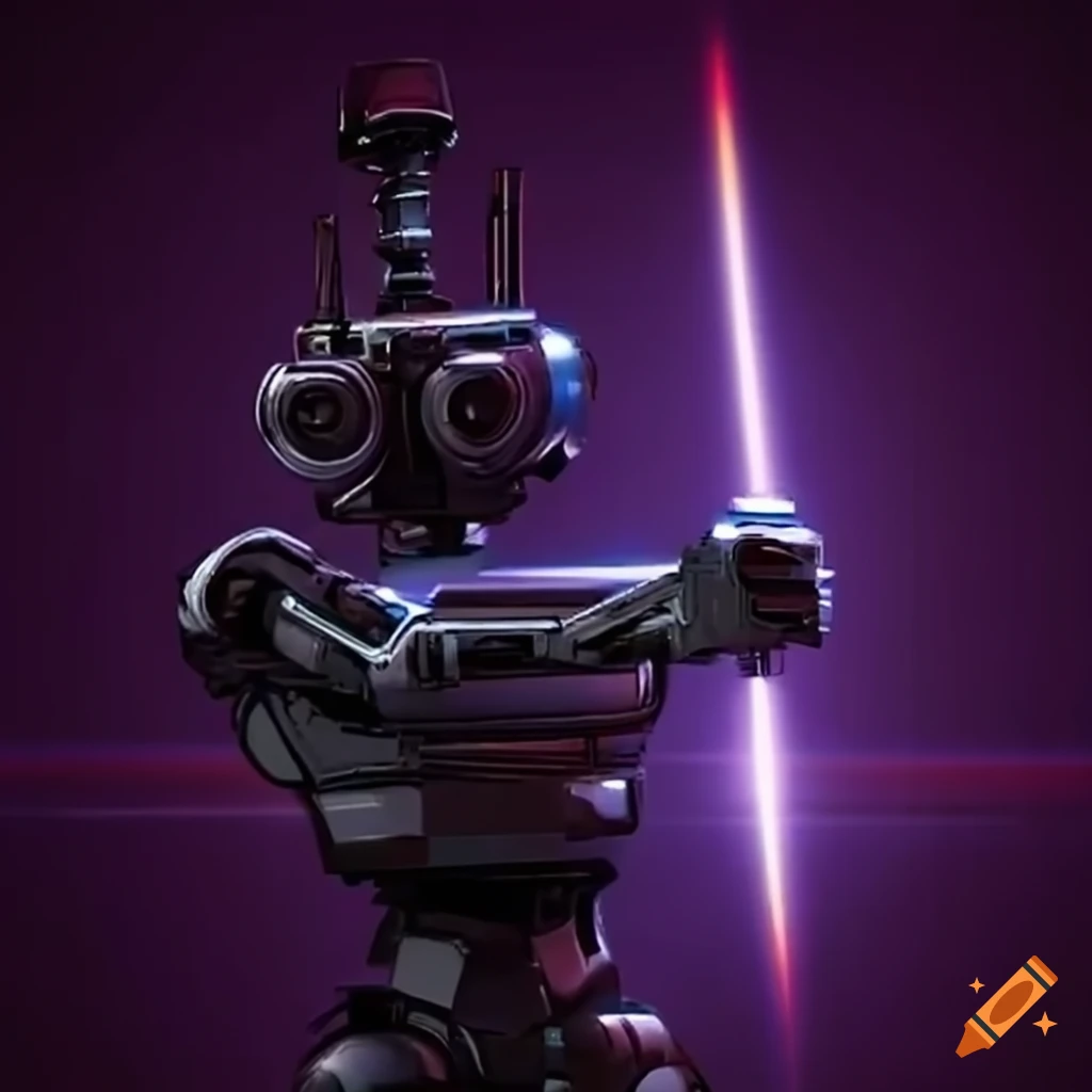 Retro-style scene with a futuristic robot shooting laser beam