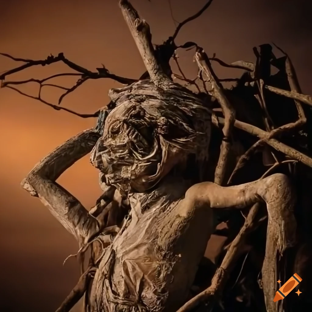 close-up of a distorted figure caught in a web of branches and junk in a destroyed landscape