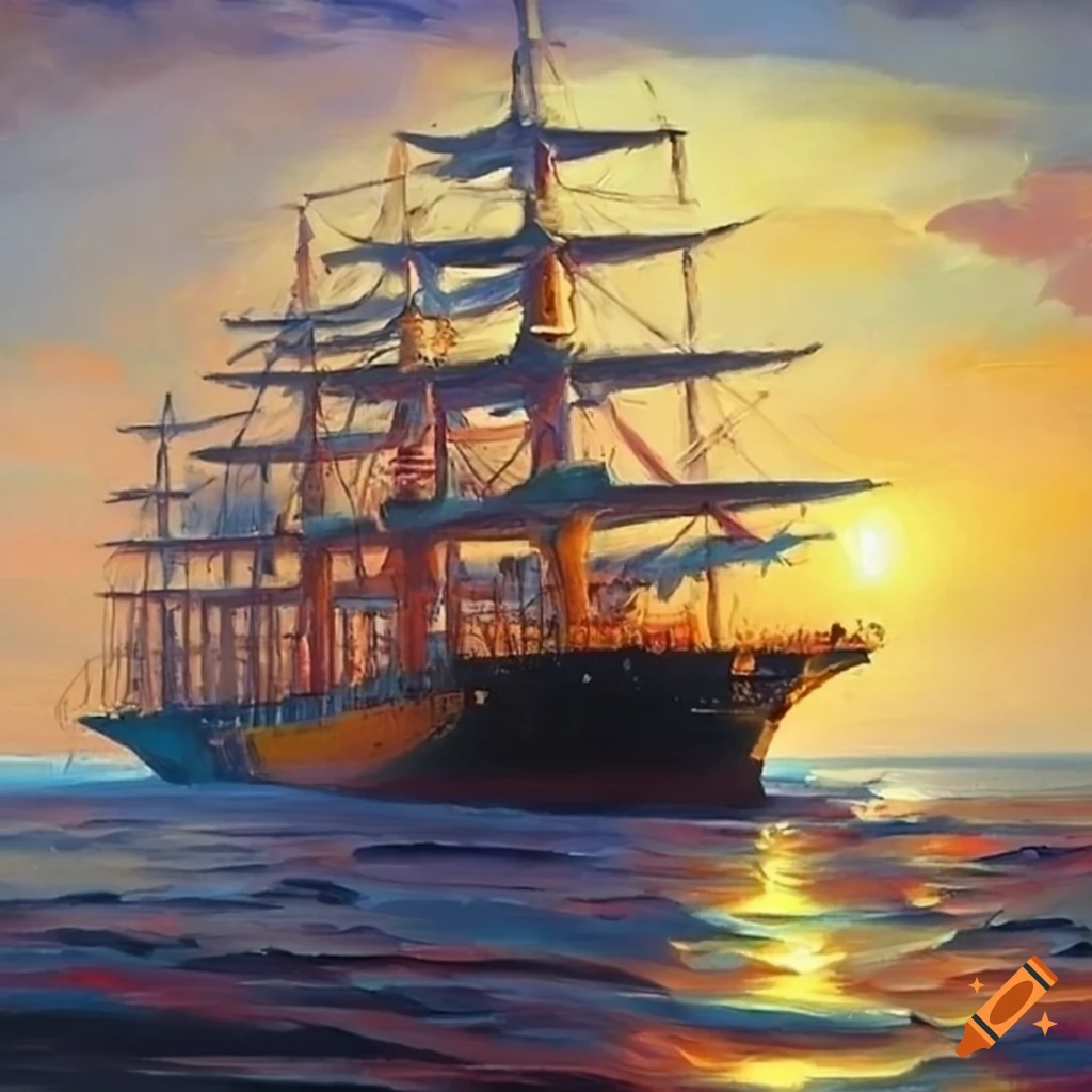 oil painting of a container ship