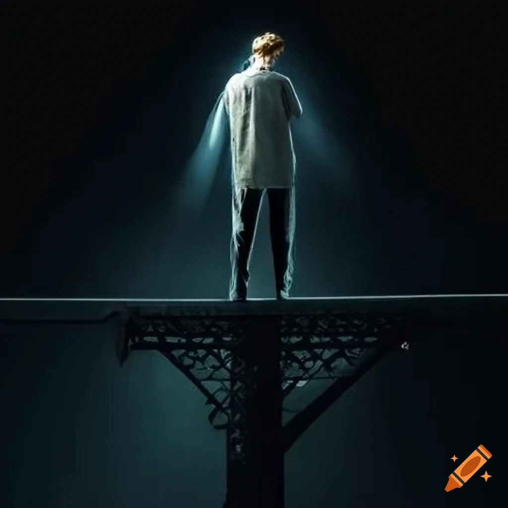 man standing on a metal bridge with a ghost beside him