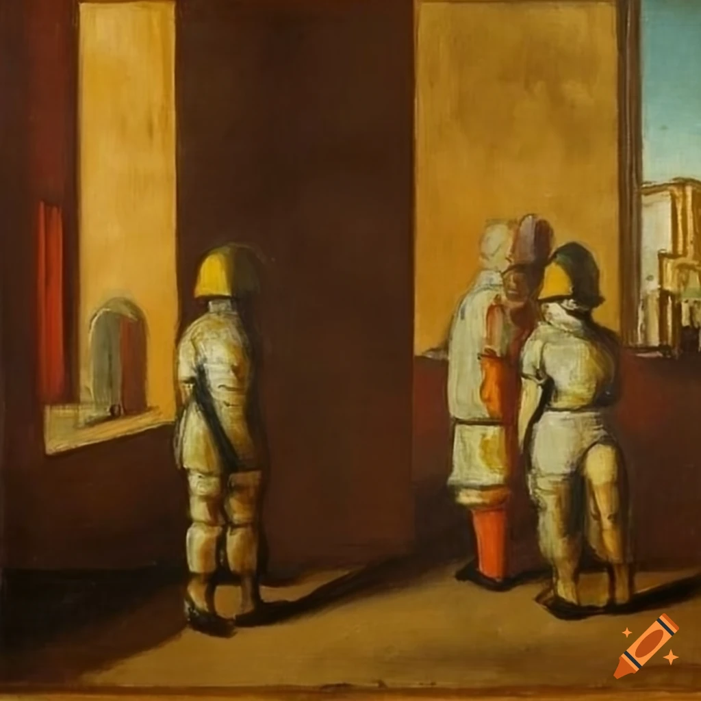 surrealist painting of disgusted firemen