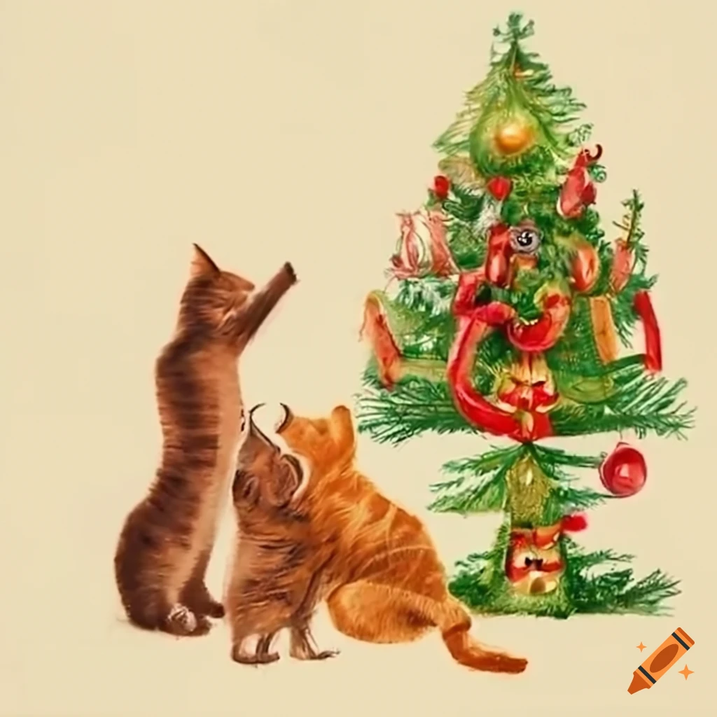 Cats playing in a christmas tree