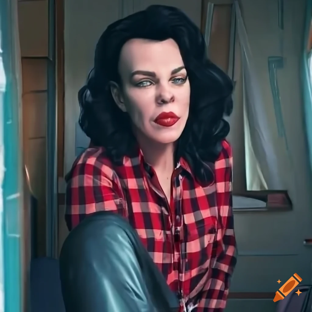 Photorealistic image of an actress sitting in a caravan trailer