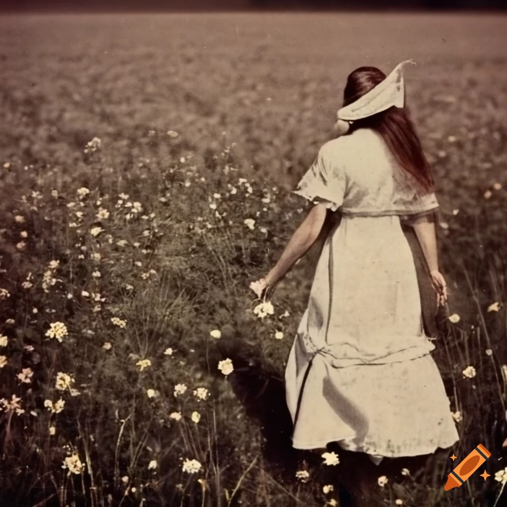 woman in a prairie dress running in a flower field