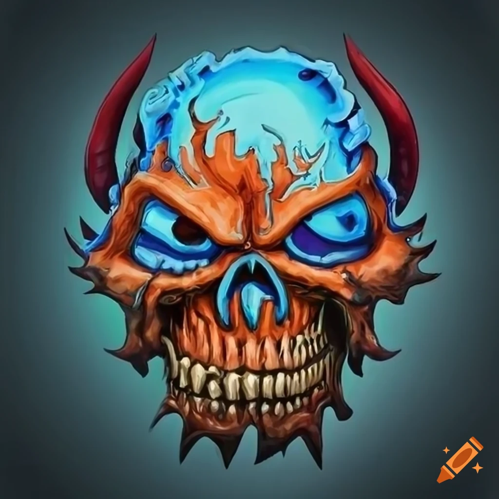 Flaming Skull Red Orange & Blue Cool Skeleton Skull Graphic