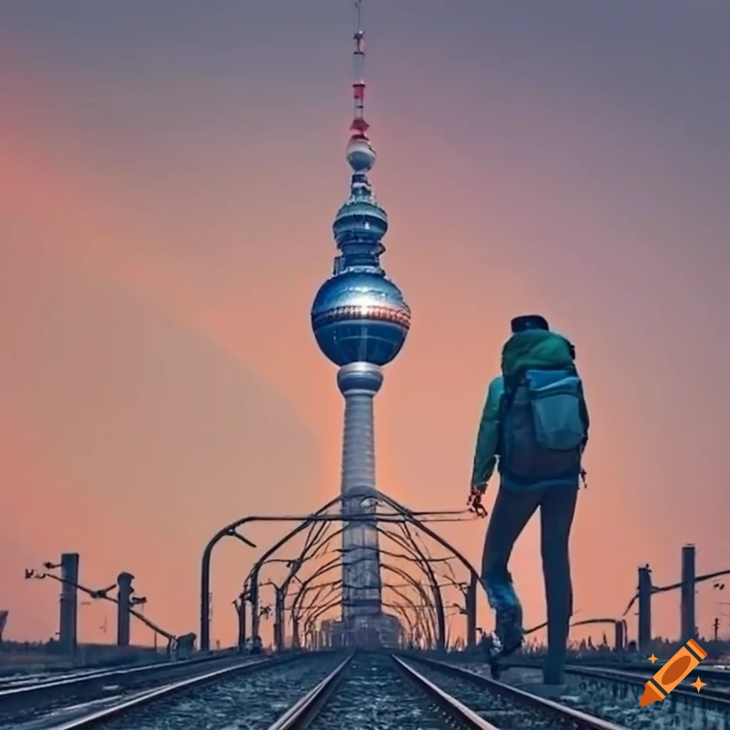 hiker-walking-on-rails-with-the-berlin-tv-tower-in-the-background-on