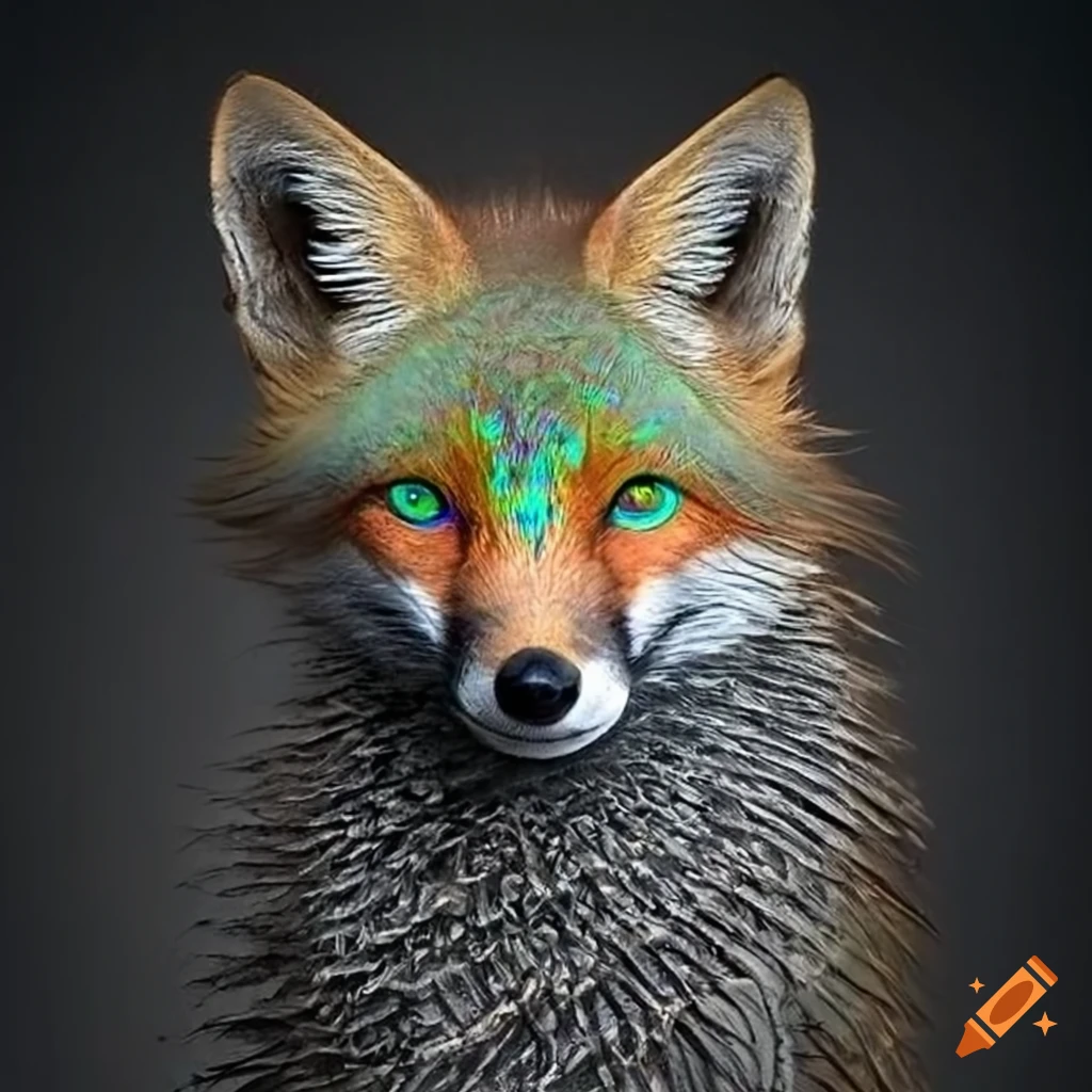 metallic fox with peacock feathers