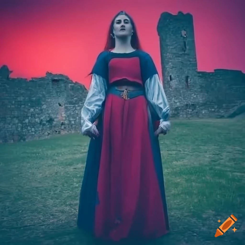 Medieval queen with blond hair in black ombré gown and silver crown on