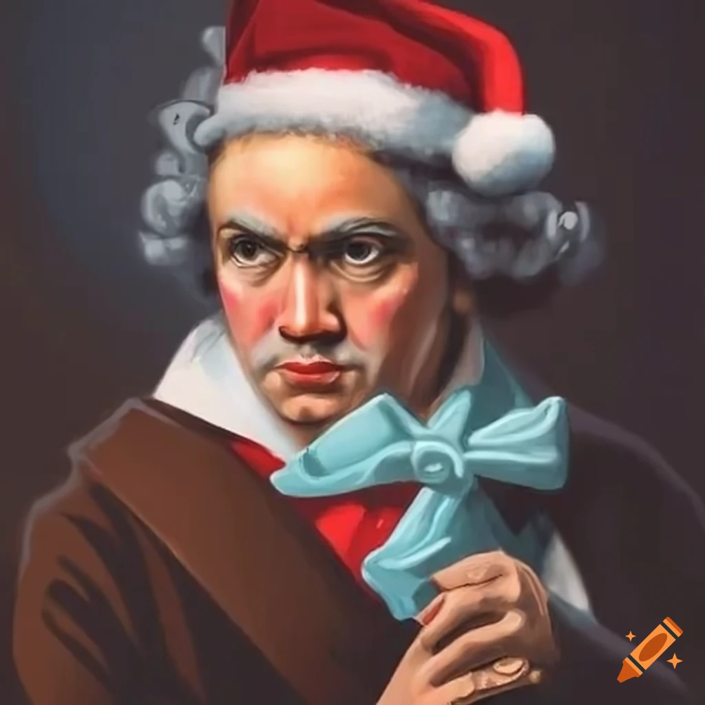 Beethoven wearing a Santa hat and holding jingle bells